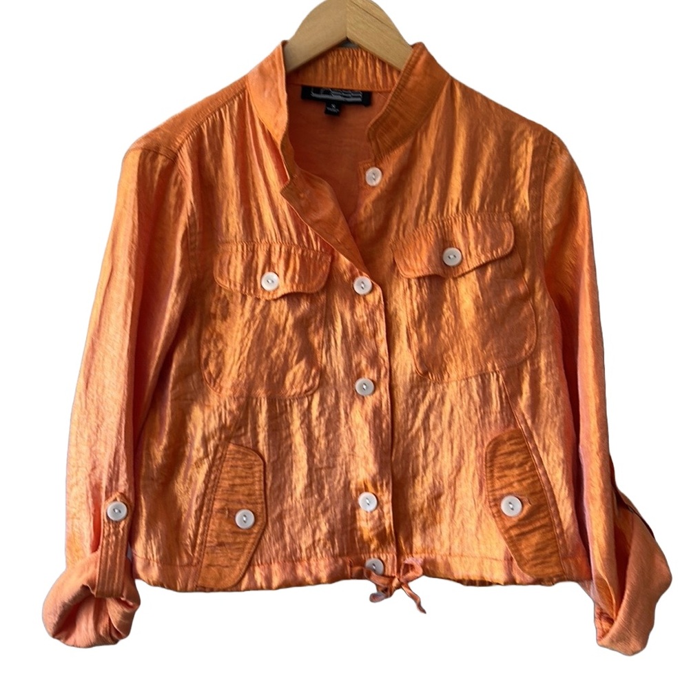 Linear Shiny Orange Utility Jacket with Drawstring Waist and Cuffed Sleeves